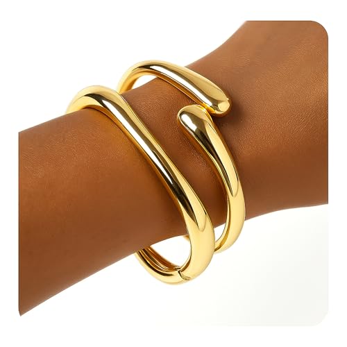 PEALICIOUS 2Pcs Gold Chunky Bangles Bracelets for Women, 7 In Chunky Bracelet Set 14K Gold-Plated Stack Gold Bangle Bracelet, Statement Cuff Wrist Jewelry as Summer Accessories