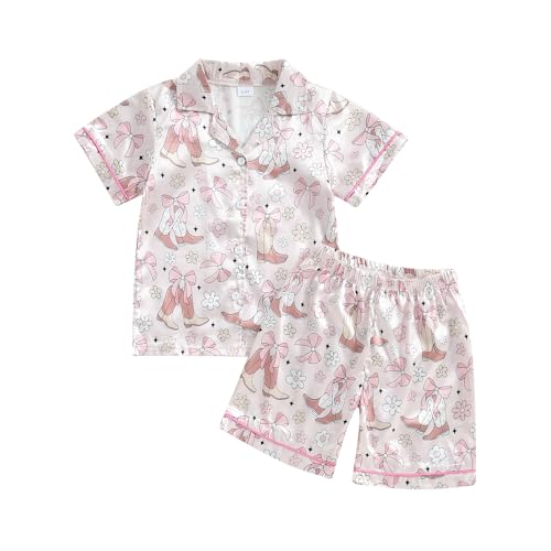 Western Baby Girl Silk Pajamas Set Cowgirl Button Down Short Sleeve Shirts Tops Shorts 2 Piece Satin Pj Lounge Set (Light Pink, 6-7 Years)
