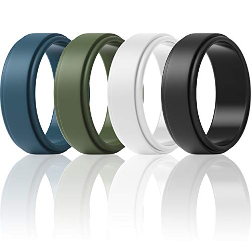 ThunderFit Silicone Wedding Rings for Men, Step Edge - 8mm Width - 2mm Thick (White, Dark Olive Green, Dark Teal, Black - Size 12.5-13 (22.2mm))