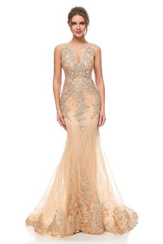 Belle House Women Champagne Mermaid Evening Dresses Appliques Beaded Formal Occasion Prom Party Gown