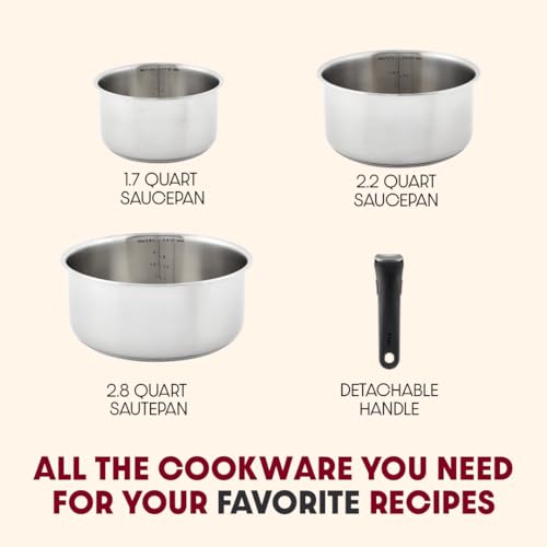 T-fal Ingenio Expertise Stainless Steel Cookware Set 4 Piece, Induction, Oven Safe, Stackable Cookware, Pots and Pans, RV, Camping, Frying Pans, Dishwasher Safe, Detachable/Removable Handle, Silver by T-Fal - Image 3