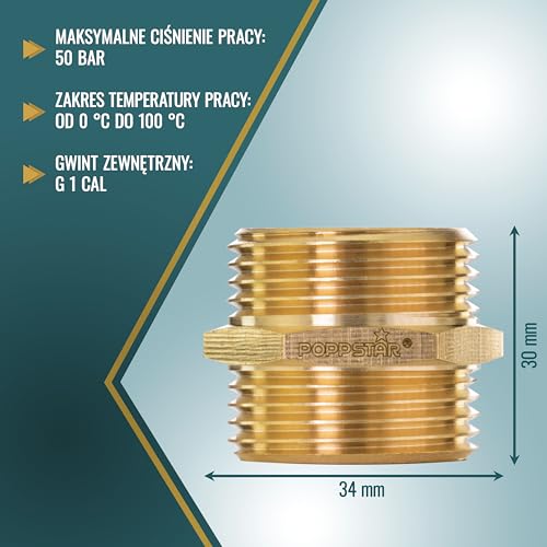 Poppstar mosiężny podwójny nypel, 1 cal, sześciokątny, 1 sztuka