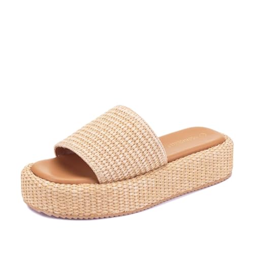 Image of Monrovia Platform Sandals Women Raffia Espadrille Slides, Woven Straw Flatform Beach Sandals Women, Slip On Summer Vacation Shoes, Comfortable Casual Daily Wear