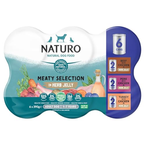 Naturo Adult Grain & Gluten Free Meat Chunks Variety Wet Dog Food Cans(6x Beef 3xPork 3XTurky) - 12 x 390g