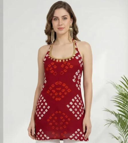 Image of Women's Rayon Bandhani Print Halter Neck Kurti, Red, Embellished Neckline, Ethnic