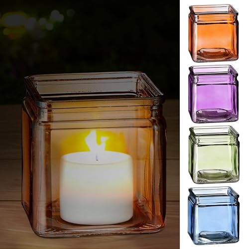Lot de 4 photophores carrés - Verre 10 x 10 x 10 cm - Orange bleu vert violet - Bougeoir pour bougies chauffe-plat