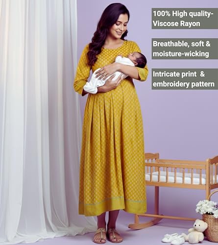 Image of DUMMY SHAPE Maternity Gown for Women | Floral Anarkali Flare Kurta with Dual Nursing Zippers | Pregnancy & Breastfeeding | Feeding Kurtis | Baby Shower | Mom to Be Gifts for Pregnant Woman
