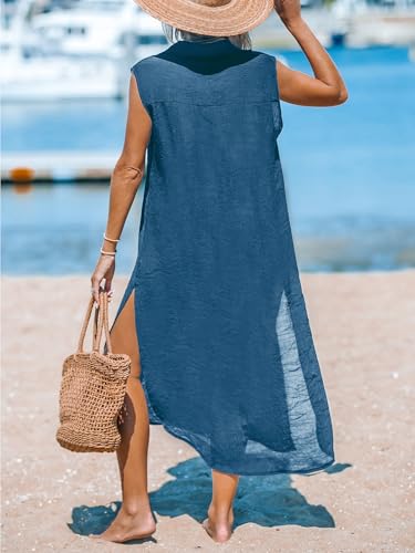 Image of CUPSHE Women's Swimsuit Coverup Casual Sleeveless Side Split Long Cardigans V Neck Midi Beach Dress