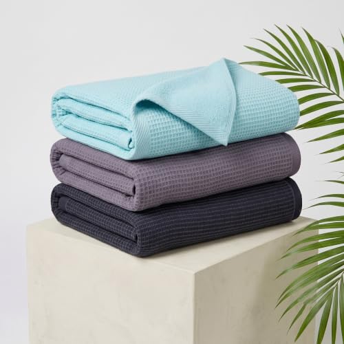 Image of Mush Bamboo Dual Texture Waffle Terry Bath Towel Set of 3 | 500 GSM Ultra Soft, Highly Absorbent, Quick Dry Towels | Large Towels for Bath, Gym, Spa | Charcoal, Blue & Grey (70x140 cm)