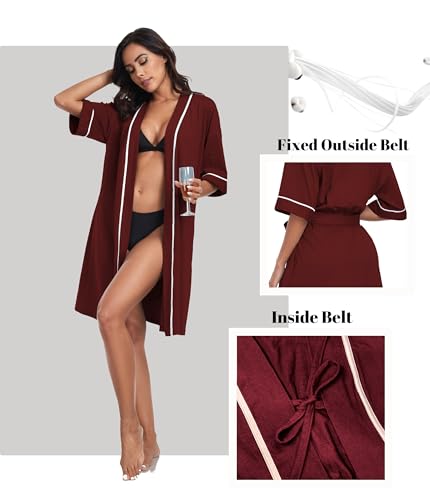 Image of ANLIQI Womens 100% Cotton Robes Lightweight Summer Short Sleeve Lady Bathrobe Knee Length Kimono Robe Sleepwear with Pockets