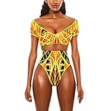 Lazzboy Badeanzug Frauen African Print Bikini Set Bademode Push-up Gepolsterter BH Beachwear(Gelb,L)