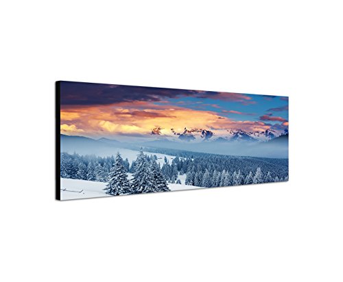 Impression sur toile panoramique de 120 x 40 cm - Magnifique lever de soleil dans les montagnes couvertes de neige - Arbre enneigé - Superbe couleur qui apporte de la chaleur dans la pièce Cover