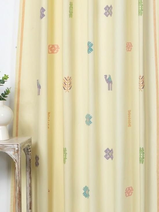 Image of Tranquebar Curtain Co. Window Curtains 5 Feet, 60-65% Room Darkening, Multicolor(Yellow) Motif Print, Cotton Curtains for Window, BackTab Loops, Design Ozan (152 cm) - Set of 2