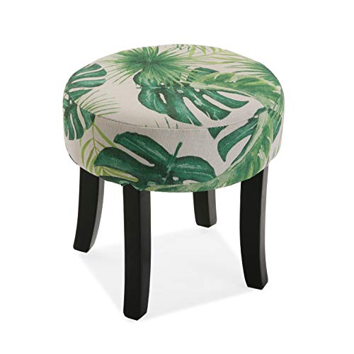 Versa Leaves Taburete 4 Patas Redondo Puff Reposapies, Madera y poliéster, Verde, Blanco y Negro, 35 x 35 x 35 cm
