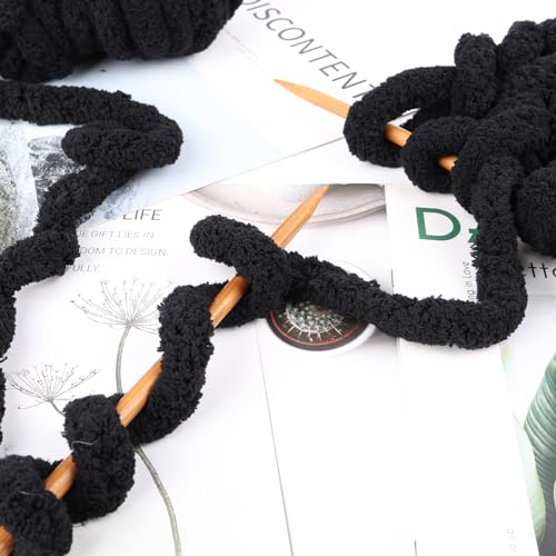 Image of 8 Jumbo Packs Chunky Chenille Yarn for Crocheting, 31.7 yds, 8 oz Each Skein Bulky Thick Fluffy Yarn for Knitting, Super Bulky Chunky Yarn for Hand Knitting Blanket, Soft Plush - Black
