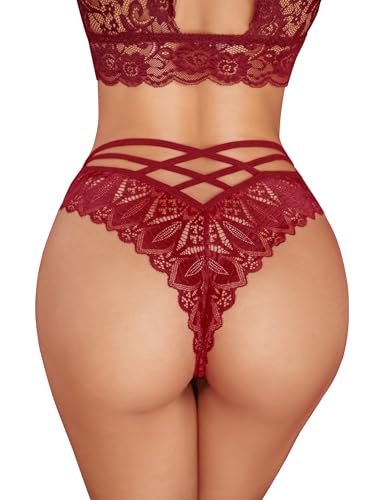 Avidlove Womens Underwear Lace Cheeky Panties Criss Cross Back Bikini Thongs Sexy Undies Burgundy M
