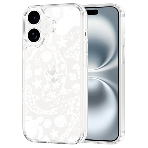 RUMDEY Cute White Turtles Seashell Shark Phone Case for iPhone 17 6.3'', Aesthetic Summer Ocean Whale Jellyfish Pattern Phone Cover Shockproof Anti-Yellowing Protective Clear Case for Girls Women