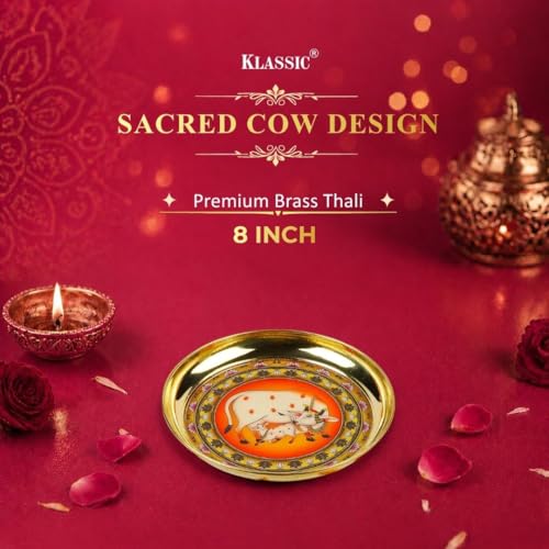 Image of Klassic 8 Inch Handcrafted Brass Thali /Aarti Plate | Cow Design, Beautifully Embossed Colorful Decorative Plate for Puja /Worship, Aarti, Karwa Chauth, Navratri, Diwali Gift | Medium(Pack of 1, Golden)