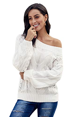 Meufam Womens Off Shoulder Long Sleeve Crewneck Chunky Cable Knit Solid Color Loose Fit Pullover Sweaters