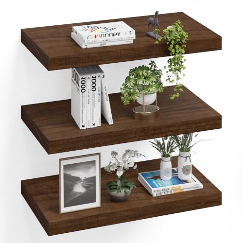 Image of 24 inch Extra Deep Floating Shelves, Set of 3, Walnut Wood | 24 inchL x 12 inchD x 1.8 inchH, Set of 3, Solid Paulownia Wood, Walnut Finish, Hidden Brackets, Hardware Included