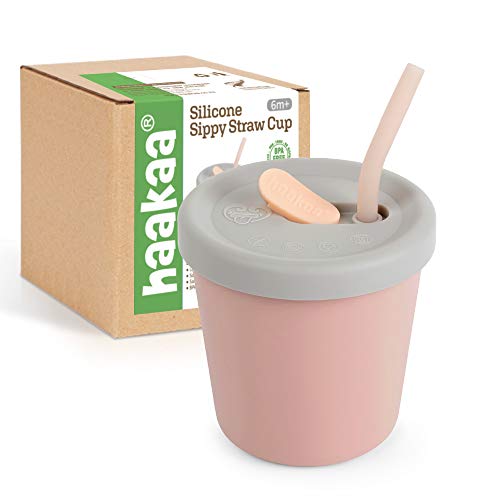 Image of haakaa Silicone Baby Drinking Cup with Silicone Cap & Silicone Straw - Toddler Straw Cup Dust-proof, Food Grade Silicone Training Cup for 6m+ (Blush)