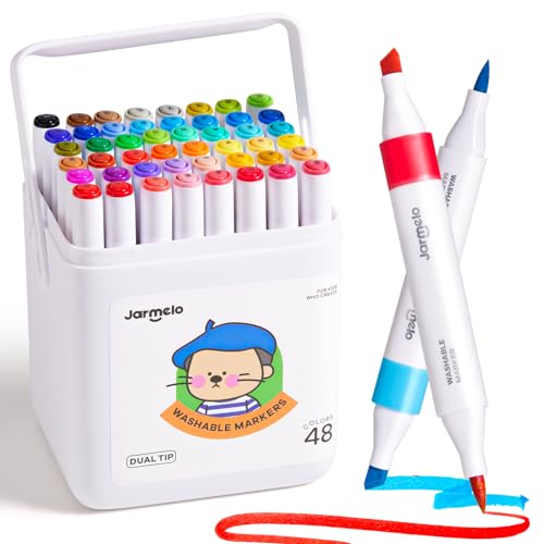 Jar Melo Washable Dual Tip Markers for Kids Ages 8-12, Brush & Chisel Tip, Water-Based Coloring Markers, Double-Tipped 48 Colors Marker Set with Storage Case, School Art Supplies for Boys & Girls