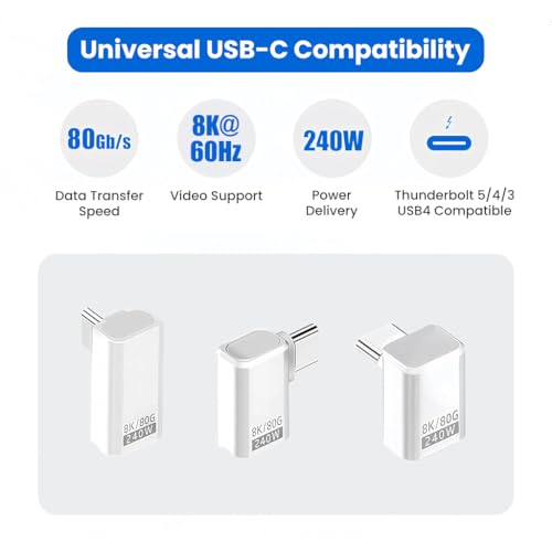 Image of Verilux 3 Style PD 240W Type C Adapters, 90 Degree Type C Male to Female Connector Supports 80Gbps High Speed Dat Sync & 8K@60Hz HD Output Compatible with Steam Deck, Thunderbolt 5 /4 /3, Switch 2 /1