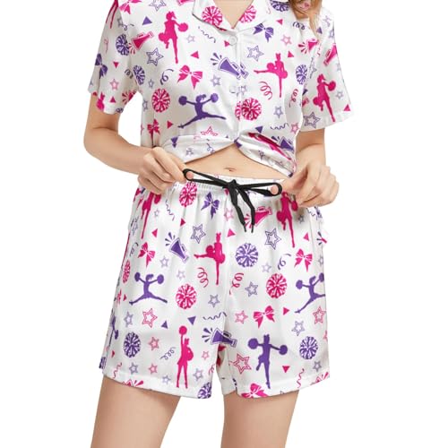 Image of Funny Pajamas for Women Set Print Satin Loungewear Pjs Short Sleeve Button Down Top and Shorts Sets Sleepwear XS-3XL