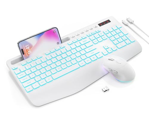 Image of Trueque Wireless Keyboard and Mouse Combo, 4000mAh Rechargeable Backlit Keyboard with Wrist Rest & Phone Holder, Full Size Quiet Typing 2.4G USB-A /Type-C for PC Laptop Windows Mac (Cloud White)