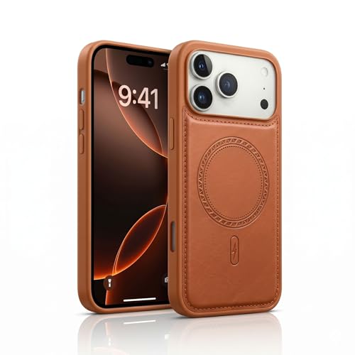 Image of amazon basics Premium PU Leather Case for iPhone 17 Pro, MagSafe Compatible Magnetic Ring, Sleek Protective Back Cover - [Tan]