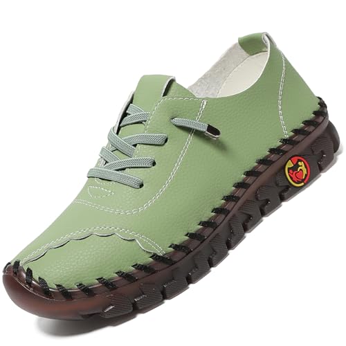 Women's Leather Soft Bottom Flat Slip-on Loafers Fashion Handmade Floral Embroidery Walking Shoes Comfort Orthopedic 4D Pain Relief Casual Shoes (Green B,9,Women,9)