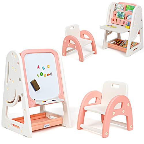 LIFEZEAL Juego de Mesa con Caballete magnética y librería, Mesa con Pizarra Blanca, Escritorio Infantil con Tabla Plegable...