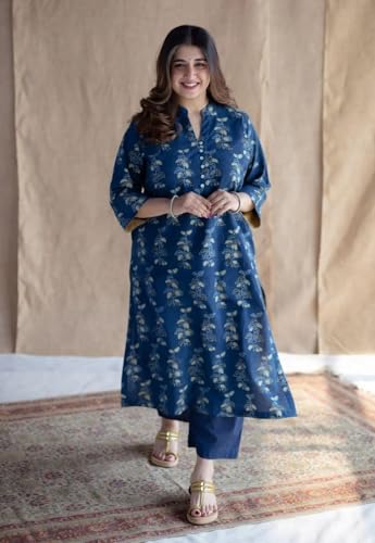 Image of Women's Indigo Blue Cotton Ethnic Co-Ord Set | Kurta Pant Set | Kurta Palazzo Set | Stylish Printed Suit Set for Women