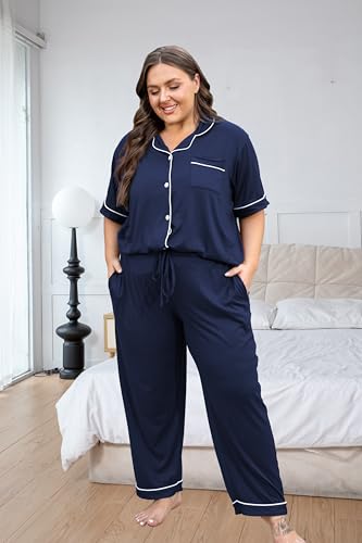 Image of Vozanet Women's Plus Size Pajamas Button Down Shirt and Pants Soft Lounge Sets Bride Nighty Bottom with Pockets 1x to 5x