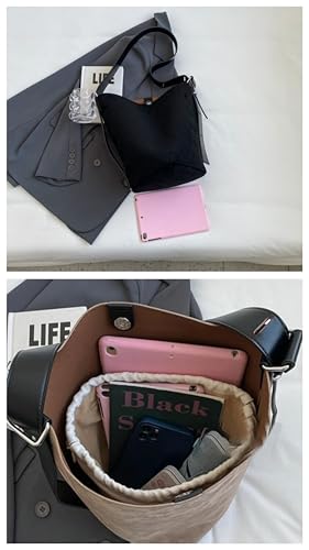 Image of Women Suede Bucket Shoulder Bag Fashion Vegan Leather Slouchy Hobo Bag Office Tote Handbag Crossbody Designer Purse