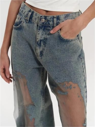2025 Women's mesh Patchwork Printed Jeans Spicy Slim Casual Straight-Leg Pants Hip-hop4
