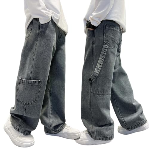 Tween Boys Baggy Straight Leg Jeans Elastic Waistband Loose Vintage Denim Pants with Pockets for Boys Clothes