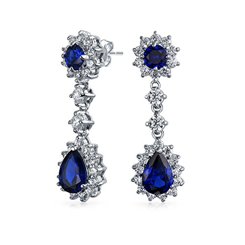 Crown Halo Royal Blue Cubic Zirconia Pear Teardrop Chandelier Earrings For  Prom CZ Simulated Sapphire Silver Plated
