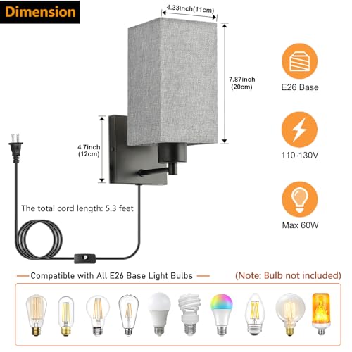 Image of KOONTING Plug in Wall Sconce Set of 2, Rustic Wall Lamp Wall Light Fixture | With Plug-in Cord and On /Off Toggle Switch, Grey Fabric Shade Wall Light for Headboard Bedroom Living Room (Square-Grey)