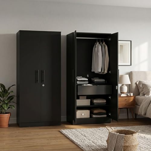 Image of FFO Wardrobe with 2 Doors & 2 Drawers | Multi-Purpose Wardrobe Organizer with Shelves | Engineered Wood Cupboard for Living Room, Bedroom & Office | Modern Sideboard Storage Unit DIY.