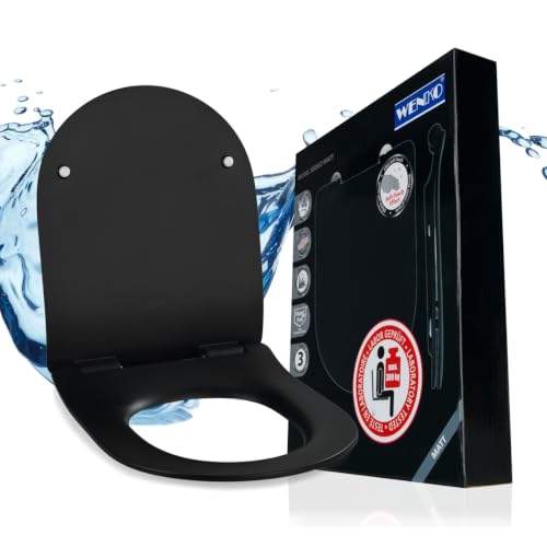 WENKO WC Sitz in D Form mit Absenkautomatik, ultraflach, hohe Belastbarkeit bis 300 kg, abnehmbarer Toilettendeckel, Klodeckel aus antibakteriellem Duroplast, einfache Montage, Mod. Sedilo, schwarz