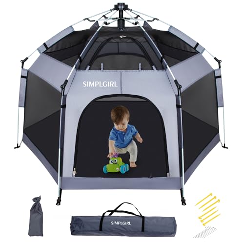 Image of Premium Indoor and Outdoor Baby Playpen - Portable, Lightweight, Pop Up Pack and Play Toddler Play Yard w/Canopy and Travel Bag - Grey