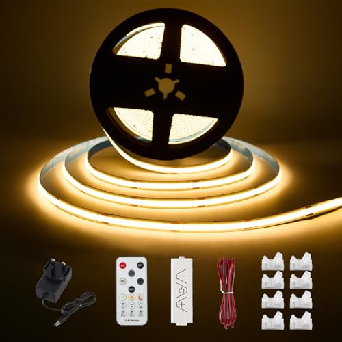 Enteenly COB LED Strip Warm White 5 Meters, Under Cabinet Light Strip Kit with RF Remote Control for Display Case, Kitchen, Desk, Shelf, Cupboard, with 24V Adapter, 2700K