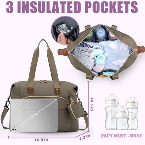 Image of Tuwubi Diaper Bag Tote,Baby Diaper Bag with Pacifier Case Large Travel Diaper Tote Caddy for Mom and Dad Multifunction Large Baby Bag - Khaki