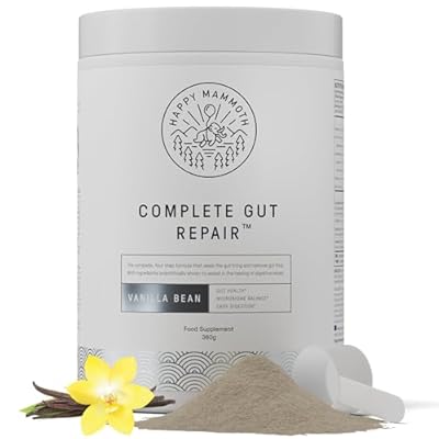 Happy Mammoth Complete Gut Repair Probiotic, Prebiotic, Fiber & Collagen Supplement for Gut Health, Digestion, Healthy Gut Microbiome, Reduces Constipation & Bloating 24 Servings, Vanilla Flavor