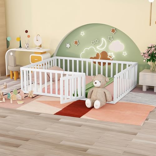 Image of LLS Queen Size Floor Bed for Children With Safety Fence & Small Door, Durable Montessori Wood Frame for Girls Boys and Teens, White (No Bed Slats)