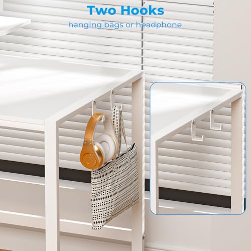 Image of GreenForest Computer Desk 58 inch with Printer Shelf, Reversible Office Desk with Monitor Stand and 2 Hooks, Home Desk Workstation for Study Writing Working Gaming, Full White