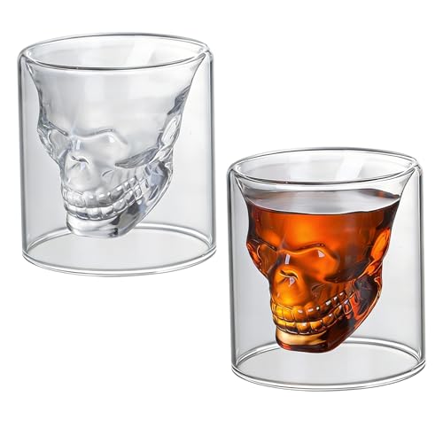 Tbintul 2 Pezzi Bicchieri da Rum,Tazzine Caffè Vetro Doppia Parete Borosilicato,Bicchieri Amaro Vetro Doppia Parete,Tazze Da Caffè a Forma Di Cranio per Vino Vodka Feste Domestico (250ml)