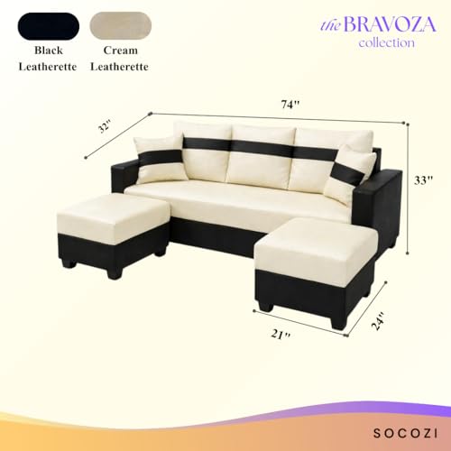 Image of SOCOZI Bastian 5 Seater L Shape Sofa Set with 2 Movable Ottomans | Flexible Layout | Premium Leatherette with Golden Metal Legs |Sofa for Living Room (Cream-Black) | Breathable Material
