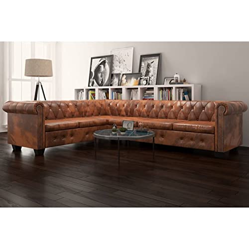 Mogou Chesterfield Ecksofa 6-Sitzer, Schlafsofa, Schlafcouch, Couch Mit Schlaffunktion, Sofa Bed, Sofas & Couches, Bettsofa, Kunstleder Braun, Beige